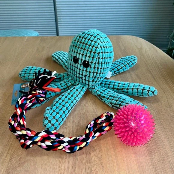 NEW bundle of 3 dog toys: octopus, rope tug, squishy nubby ball - Picture 4 of 9